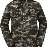 Volcom Women's Aris Insulated Gore Jacket 2021 - A black jacket with a camouflage pattern and a hood, featuring two chest pockets with snap closures.