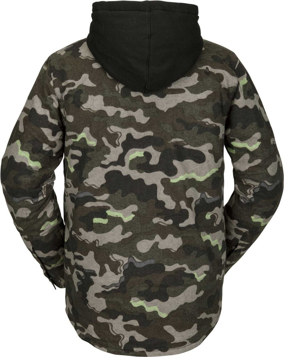 Volcom Women's Aris Insulated Gore Jacket 2021 - A dark green camouflage patterned jacket with a hood, featuring a black zipper and two zippered pockets on the front.