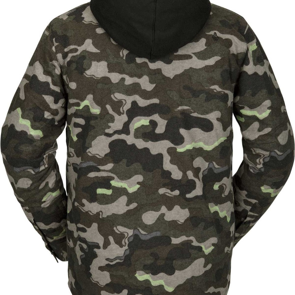 Volcom Women's Aris Insulated Gore Jacket 2021 - A dark green camouflage patterned jacket with a hood, featuring a black zipper and two zippered pockets on the front.