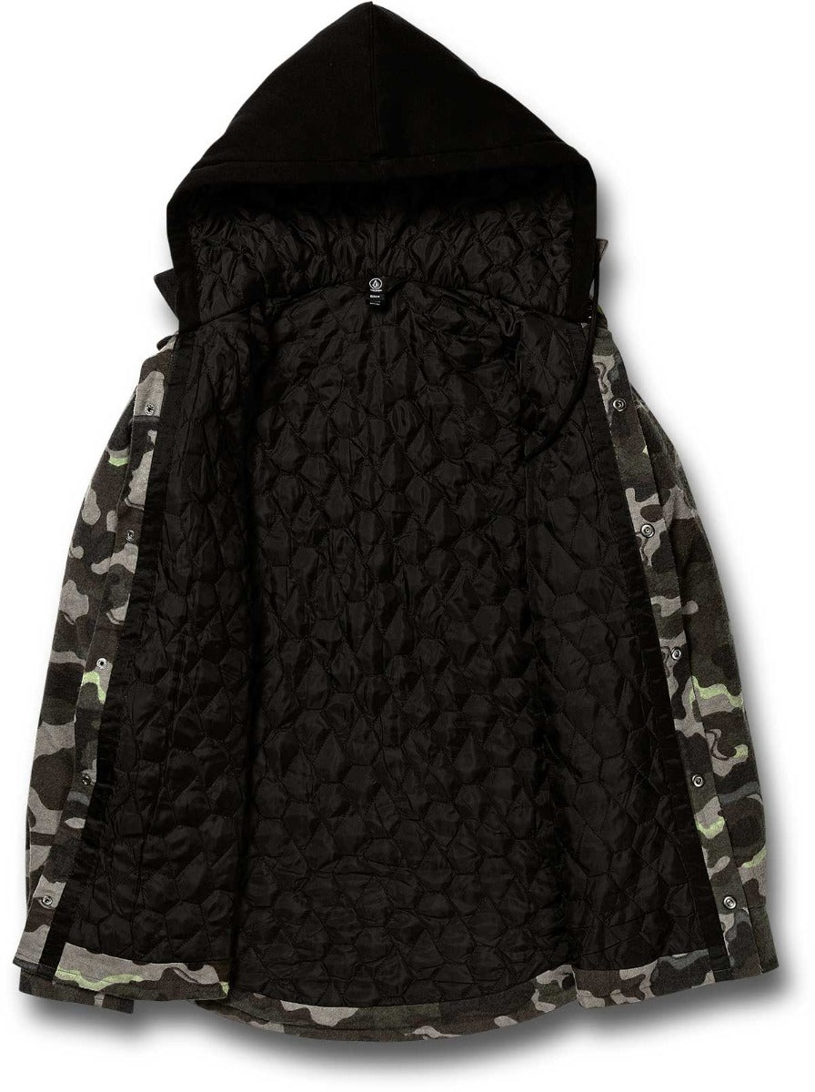 Volcom Women's Aris Insulated Gore Jacket 2021 - A black insulated jacket with a hood, featuring a quilted pattern and a zippered front.