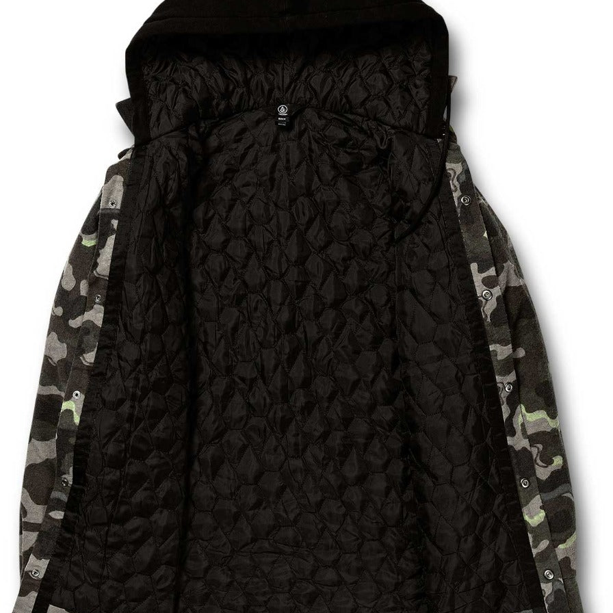 Volcom Women's Aris Insulated Gore Jacket 2021 - A black insulated jacket with a hood, featuring a quilted pattern and a zippered front.