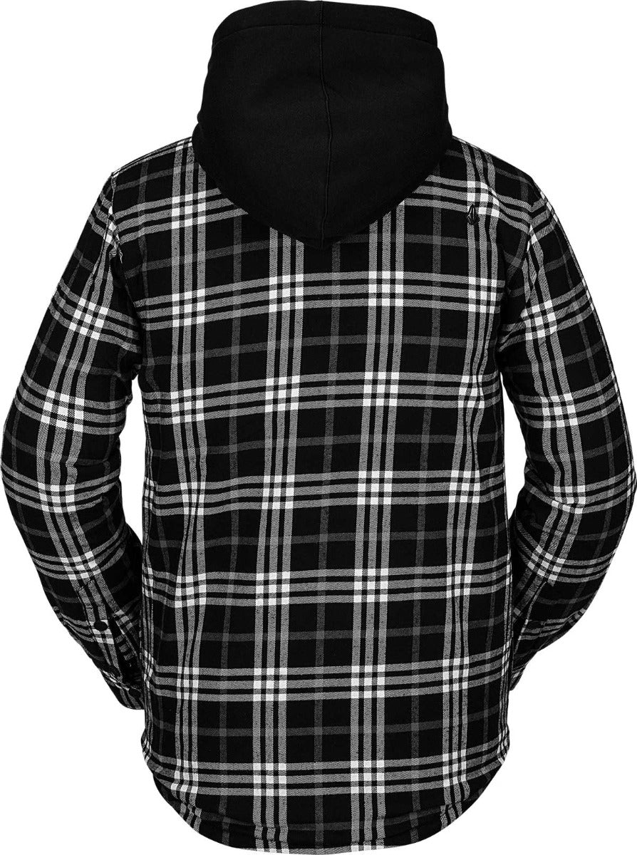 Volcom Women's Aris Insulated Gore Jacket 2021 - A black and white plaid jacket with a hood, featuring a zippered front and two side pockets.