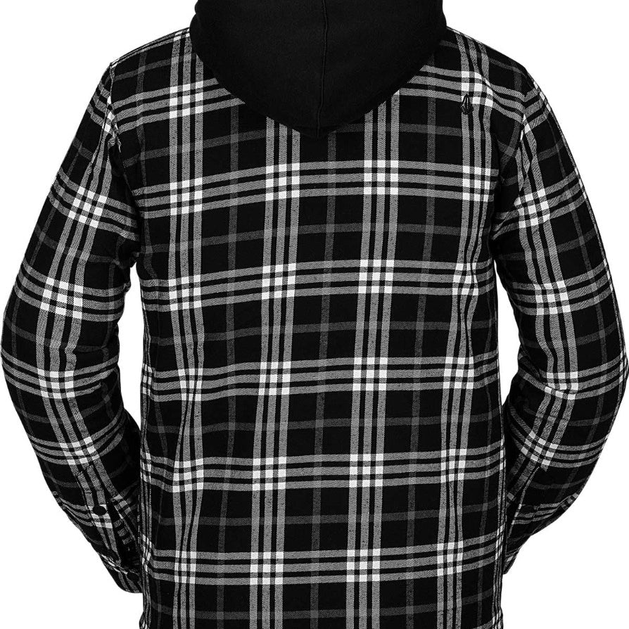 Volcom Women's Aris Insulated Gore Jacket 2021 - A black and white plaid jacket with a hood, featuring a zippered front and two side pockets.