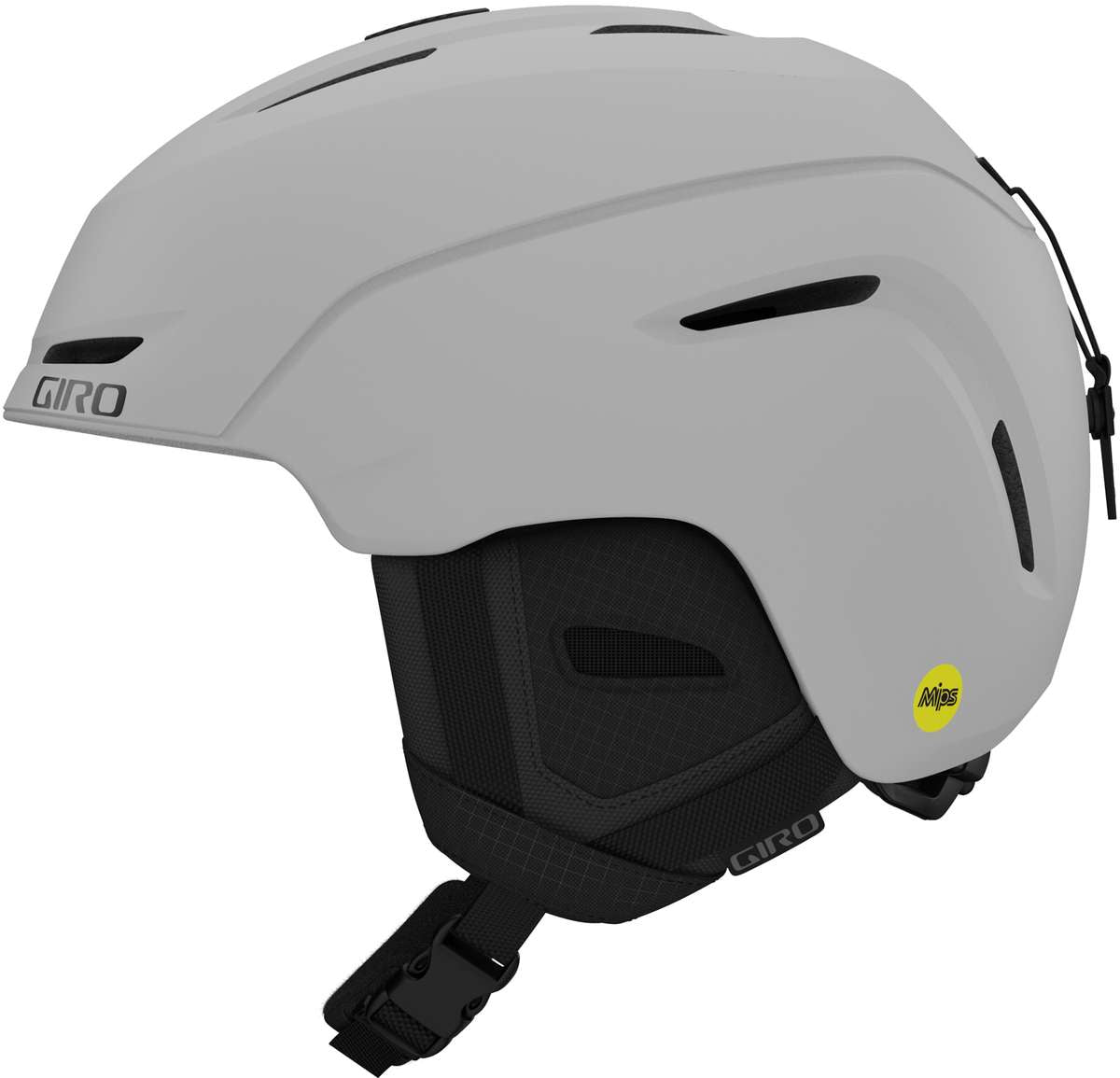 Giro Junior's Neo MIPS Helmet 2023 - A white helmet with a black visor and chin strap, featuring a sleek design with ventilation holes on top.