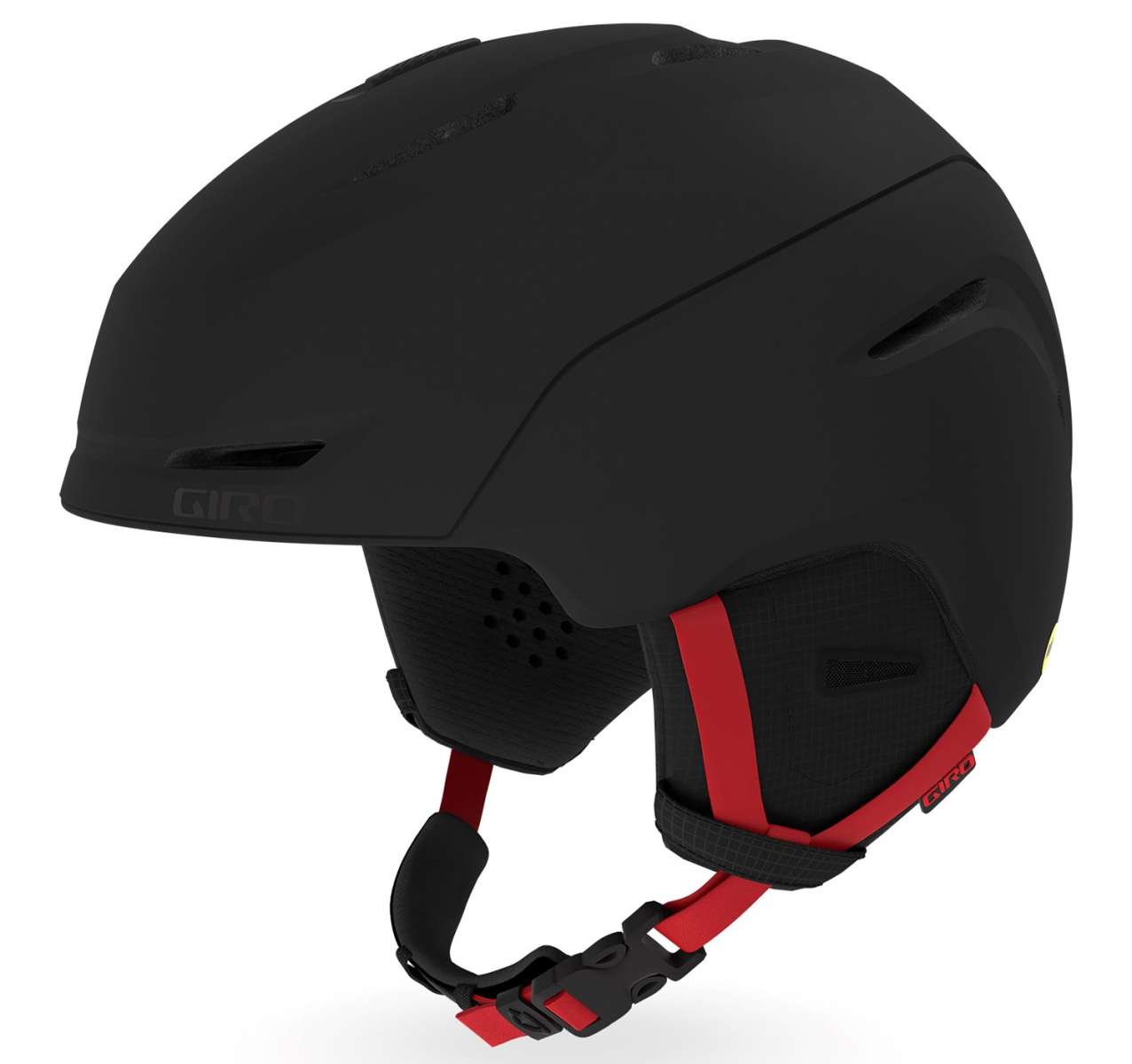 Giro Junior's Neo MIPS Helmet 2023 - A black helmet with a red strap and white logo on the side.