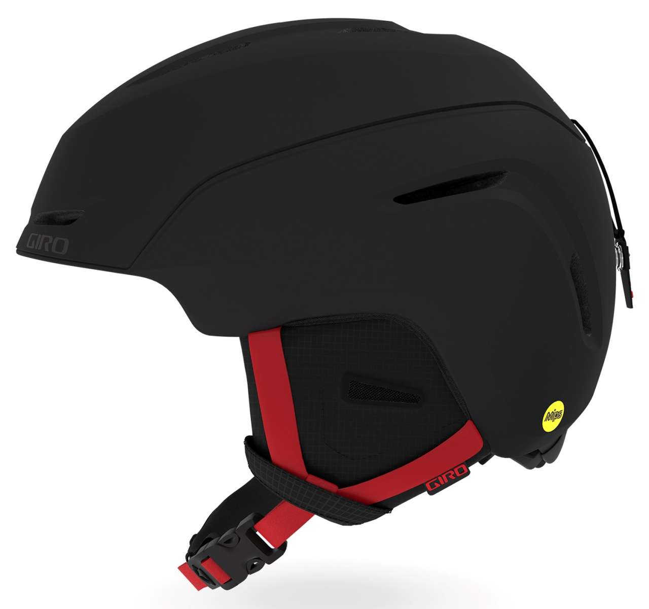 Giro Junior's Neo MIPS Helmet 2023 - A black helmet with a white logo on the front and red accents on the sides.