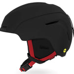 Giro Junior's Neo MIPS Helmet 2023 - A black helmet with a white logo on the front and red accents on the sides.