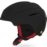 Giro Junior's Neo MIPS Helmet 2023 - A black helmet with a white logo on the front and red accents on the sides.