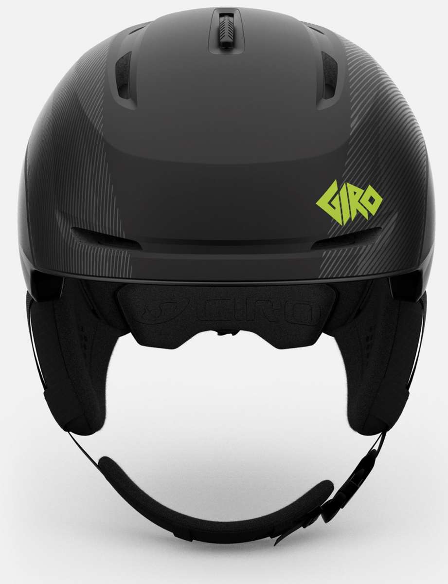 Giro Junior's Neo MIPS Helmet 2024 - A black helmet with a neon green logo on the side, featuring a sleek design and a prominent MIPS label.