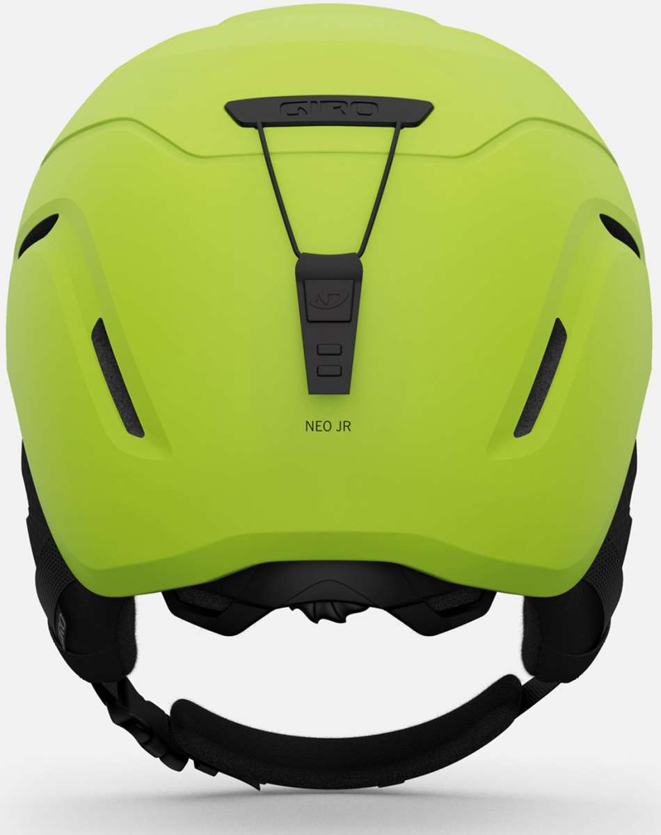 Giro Junior's Neo MIPS Helmet 2024 - Lime green helmet with a black chin strap and white logo on the side.