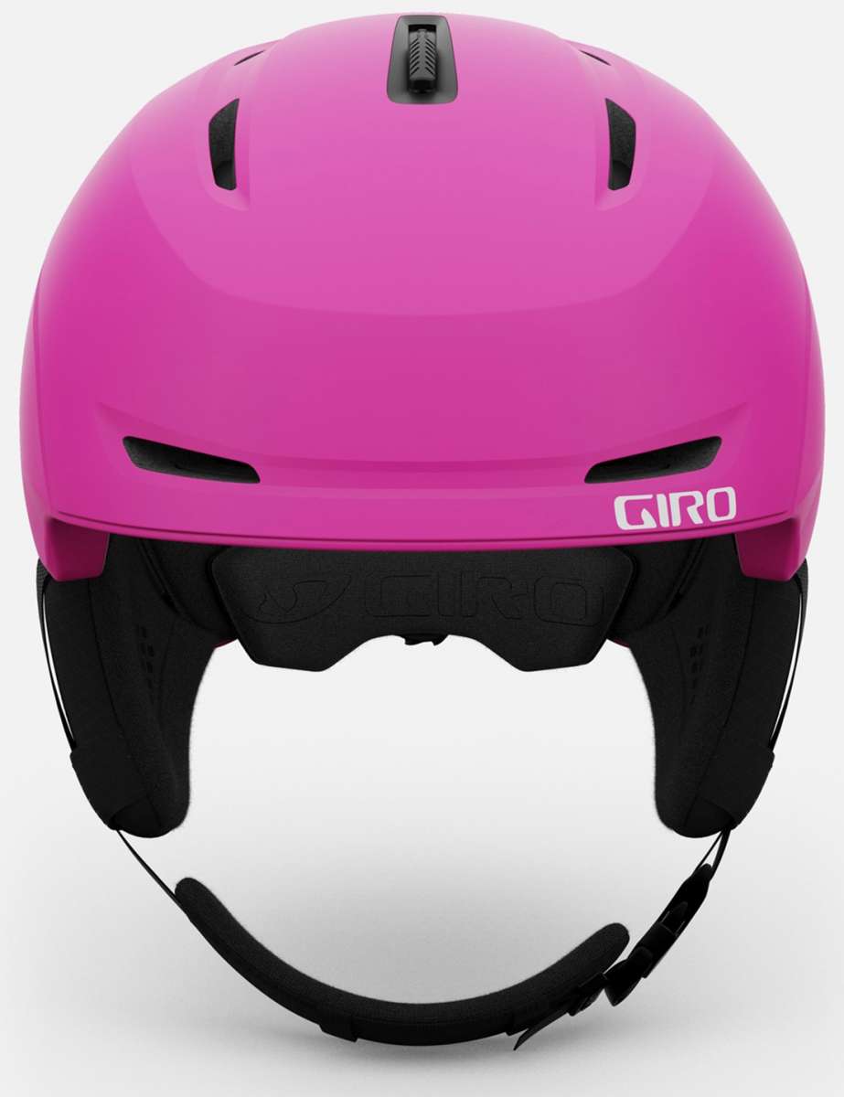 Giro Junior's Neo MIPS Helmet 2024 - A pink helmet with a black chin strap and white lettering on the side.