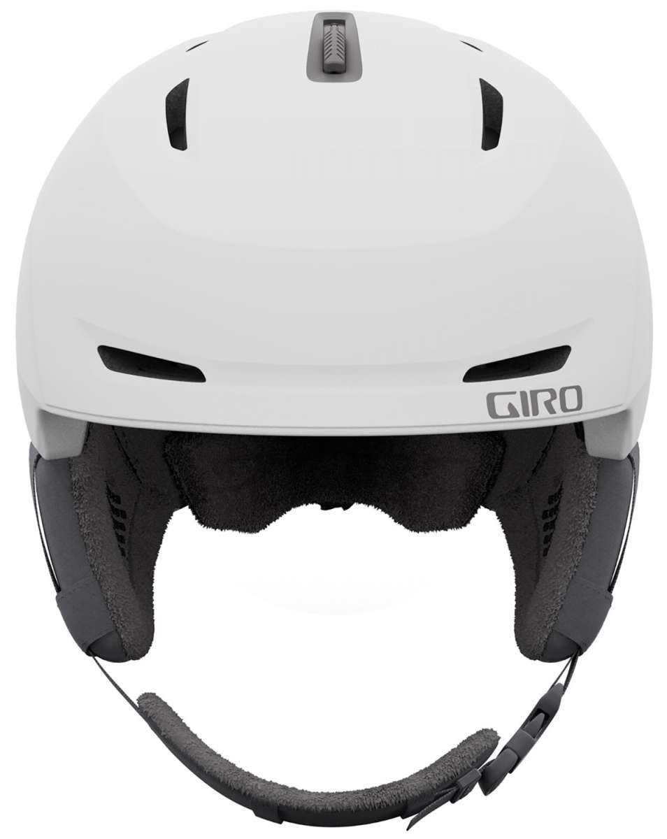 Giro Junior's Neo MIPS Helmet 2024 - A white helmet with a black visor and gray straps, featuring a sleek design with ventilation holes on top.