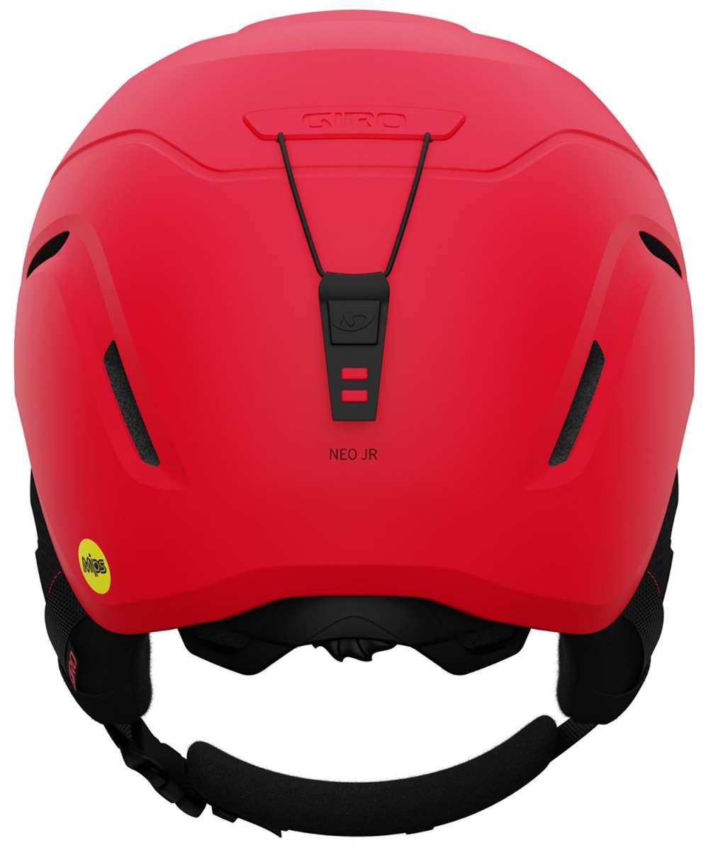 Giro Junior's Neo MIPS Helmet 2024 - A matte black helmet with a white logo on the front and a red stripe on the side.