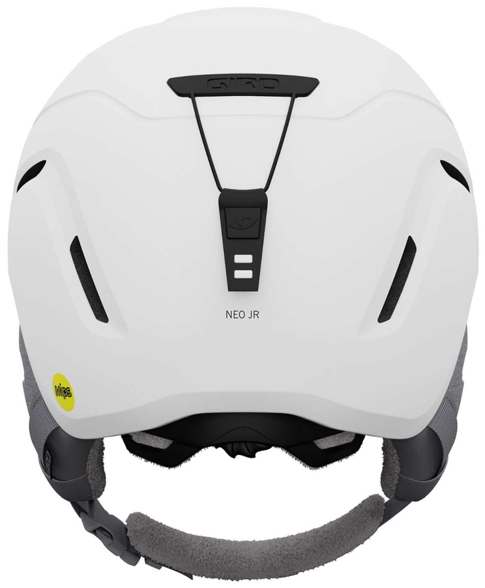 Giro Junior's Neo MIPS Helmet 2024 - A white helmet with a black strap and buckle on top, featuring a gray logo on the side.
