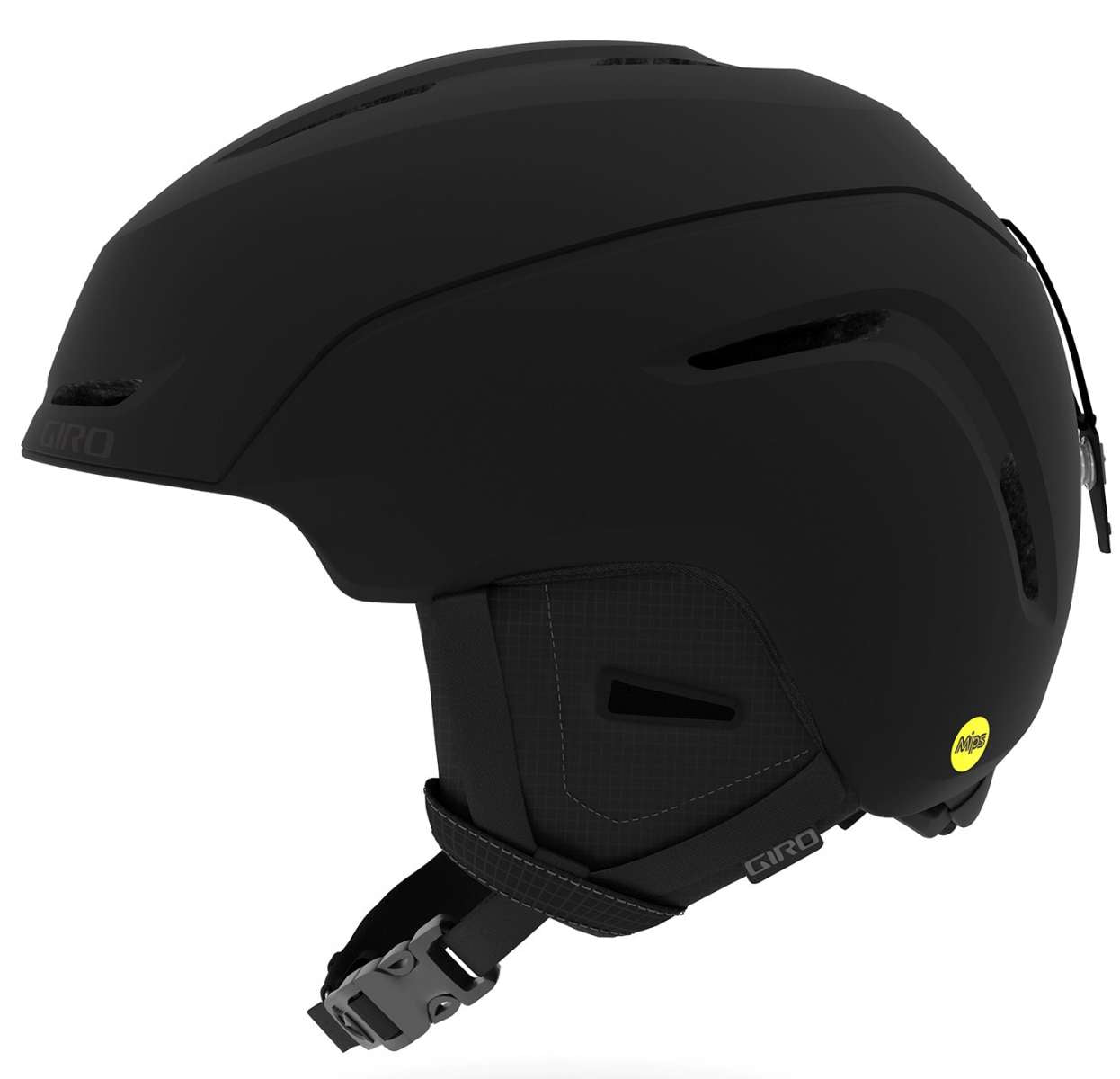 Giro Junior's Neo MIPS Helmet 2024 - A black helmet with a white logo on the front and a yellow sticker on the back.