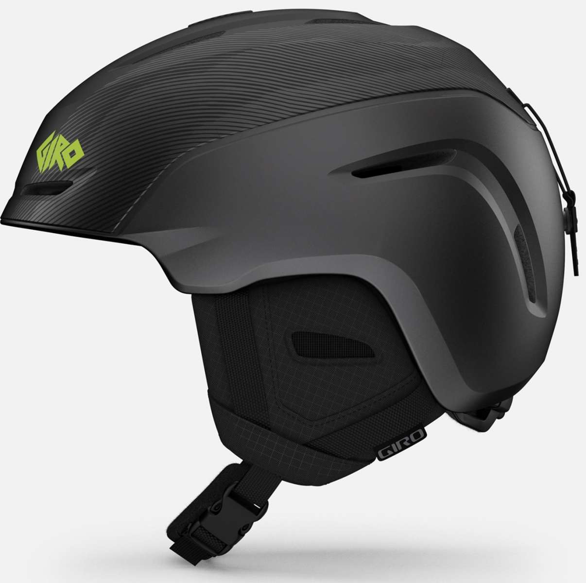 Giro Junior's Neo MIPS Helmet 2024 - A black helmet with neon green lettering on the front, featuring a sleek design and a prominent "MIPS" logo on top.