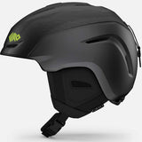Giro Junior's Neo MIPS Helmet 2024 - A black helmet with neon green lettering on the front, featuring a sleek design and a prominent "MIPS" logo on top.