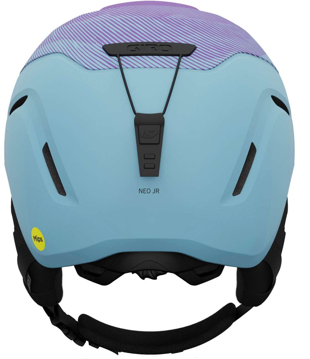Giro Junior's Neo MIPS Helmet 2024 - A light blue helmet with a purple striped pattern on top and black straps.