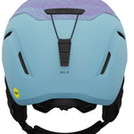 Giro Junior's Neo MIPS Helmet 2024 - A light blue helmet with a purple striped pattern on top and black straps.
