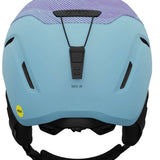 Giro Junior's Neo MIPS Helmet 2024 - A light blue helmet with a purple striped pattern on top and black straps.