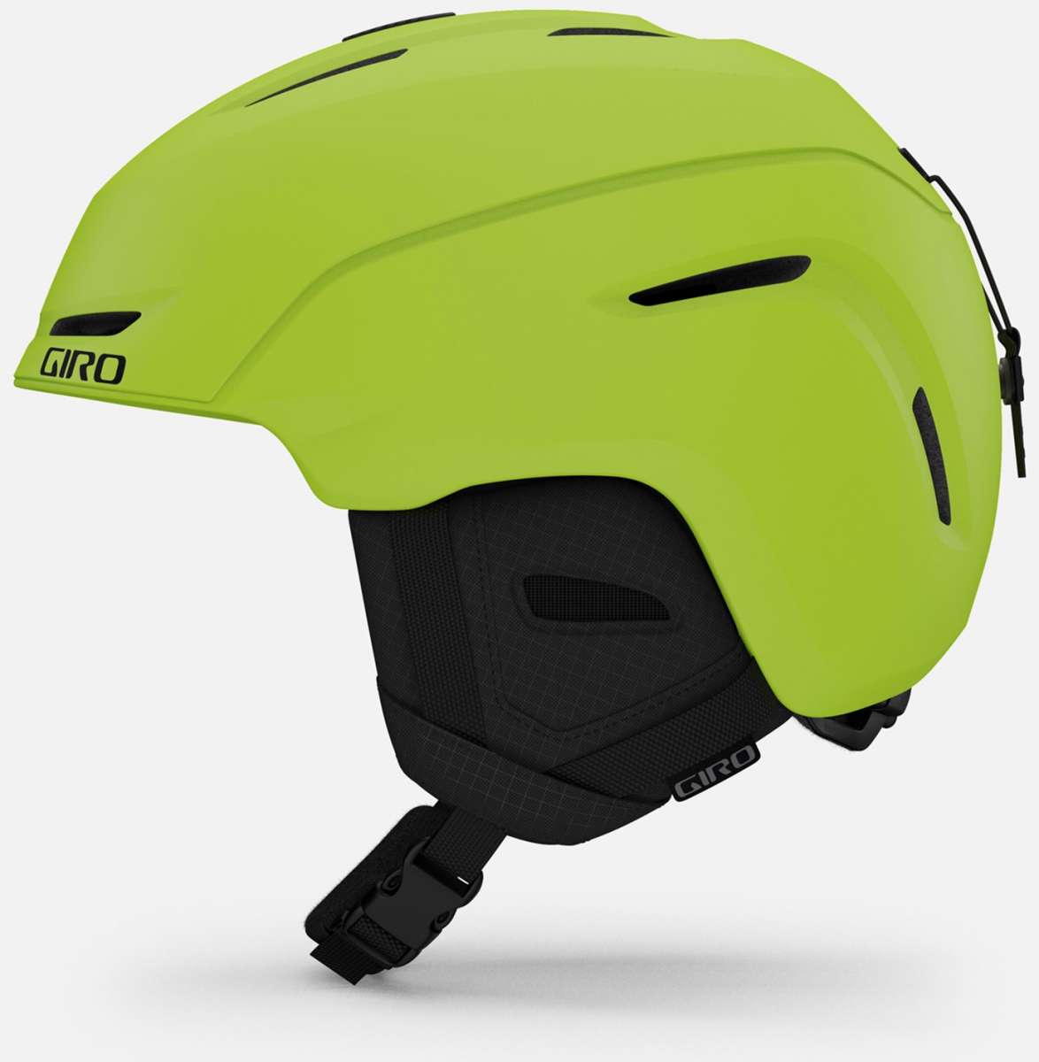 Giro Junior's Neo MIPS Helmet 2024 - A lime green helmet with a black chin strap and ventilation holes on top.
