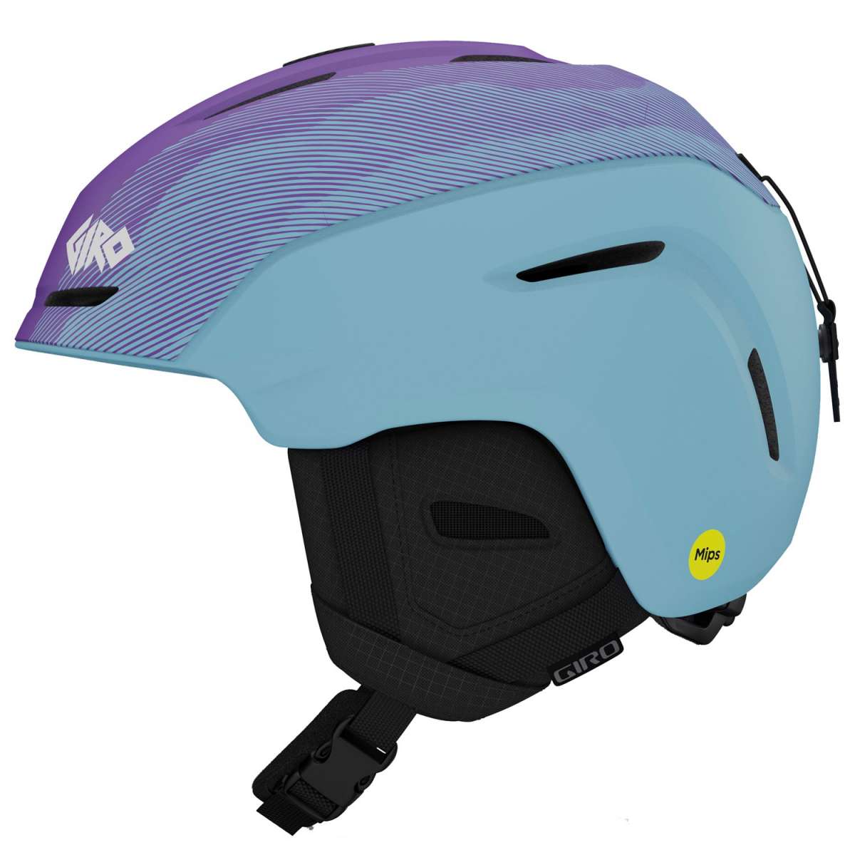 Giro Junior's Neo MIPS Helmet 2024 - A purple helmet with a white logo on the front, featuring a striped pattern and a black chin strap.