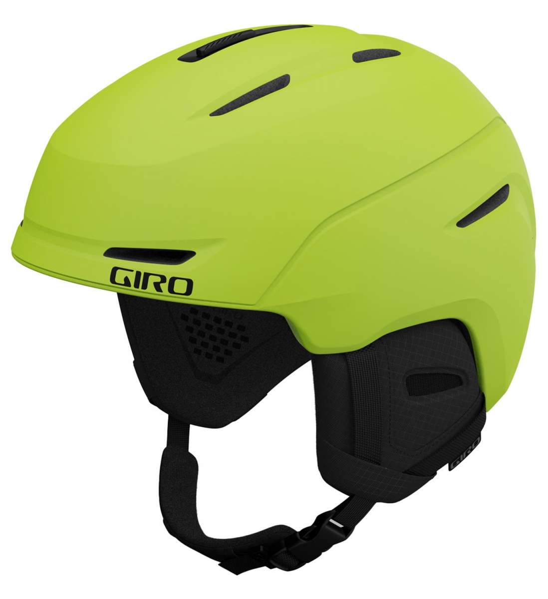 Giro Junior's Neo MIPS Helmet 2024 - A lime green helmet with a black chin strap and ventilation holes on top.