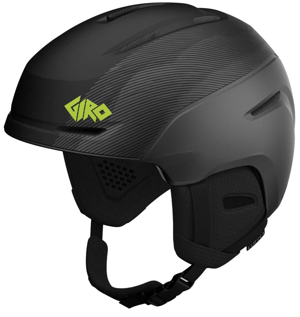 Giro Junior's Neo MIPS Helmet 2024 - A black helmet with neon green lettering on the side, featuring a sleek design and a prominent "MIPS" logo in white.
