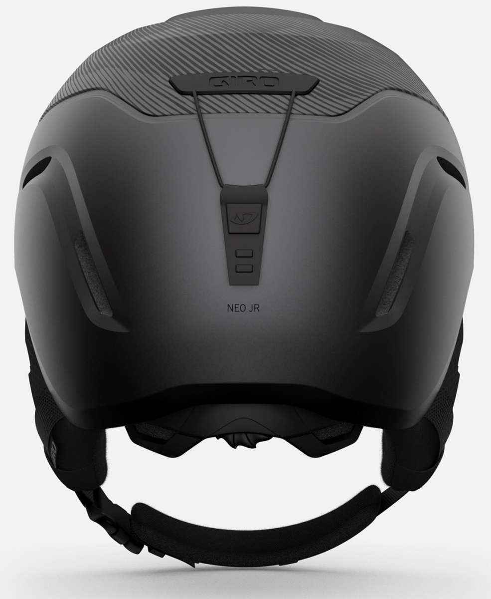 Giro Junior's Neo MIPS Helmet 2024 - A black helmet with a white logo on the front and a strap in the back.