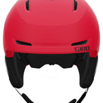 Giro Junior's Neo MIPS Helmet 2024 - A red helmet with a black visor and white accents on the side, viewed from the front.