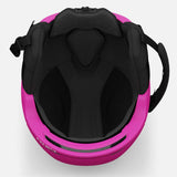Giro Junior's Neo MIPS Helmet 2024 - A black helmet with a pink visor and chin strap, viewed from above.