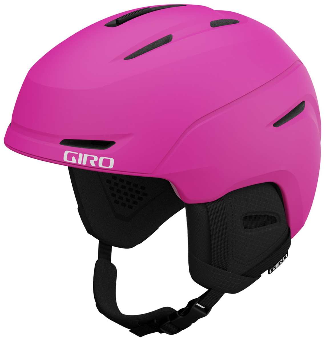 Giro Junior's Neo MIPS Helmet 2024 - A pink helmet with a white logo on the front and black straps.