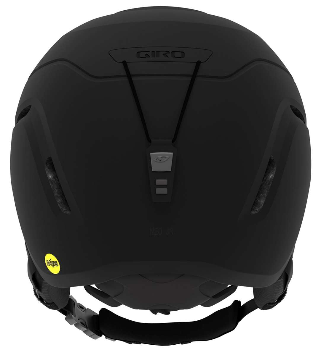 Giro Junior's Neo MIPS Helmet 2024 - A matte black helmet with a sleek, aerodynamic design and a prominent white logo on the front.