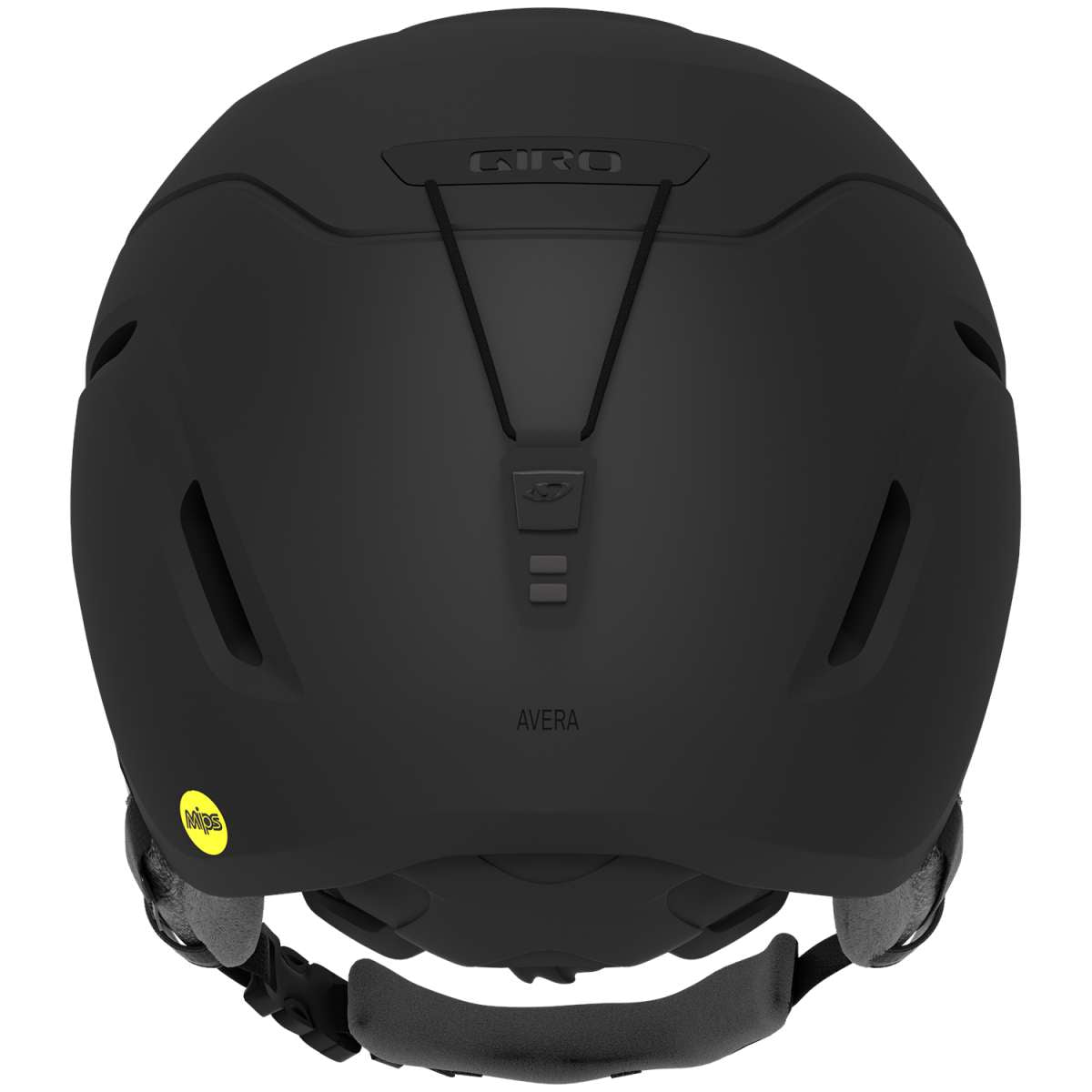 Giro Women's Avera MIPS Helmet 2023 - Black helmet with a matte finish, featuring a prominent MIPS sticker on the side and a black strap at the back.