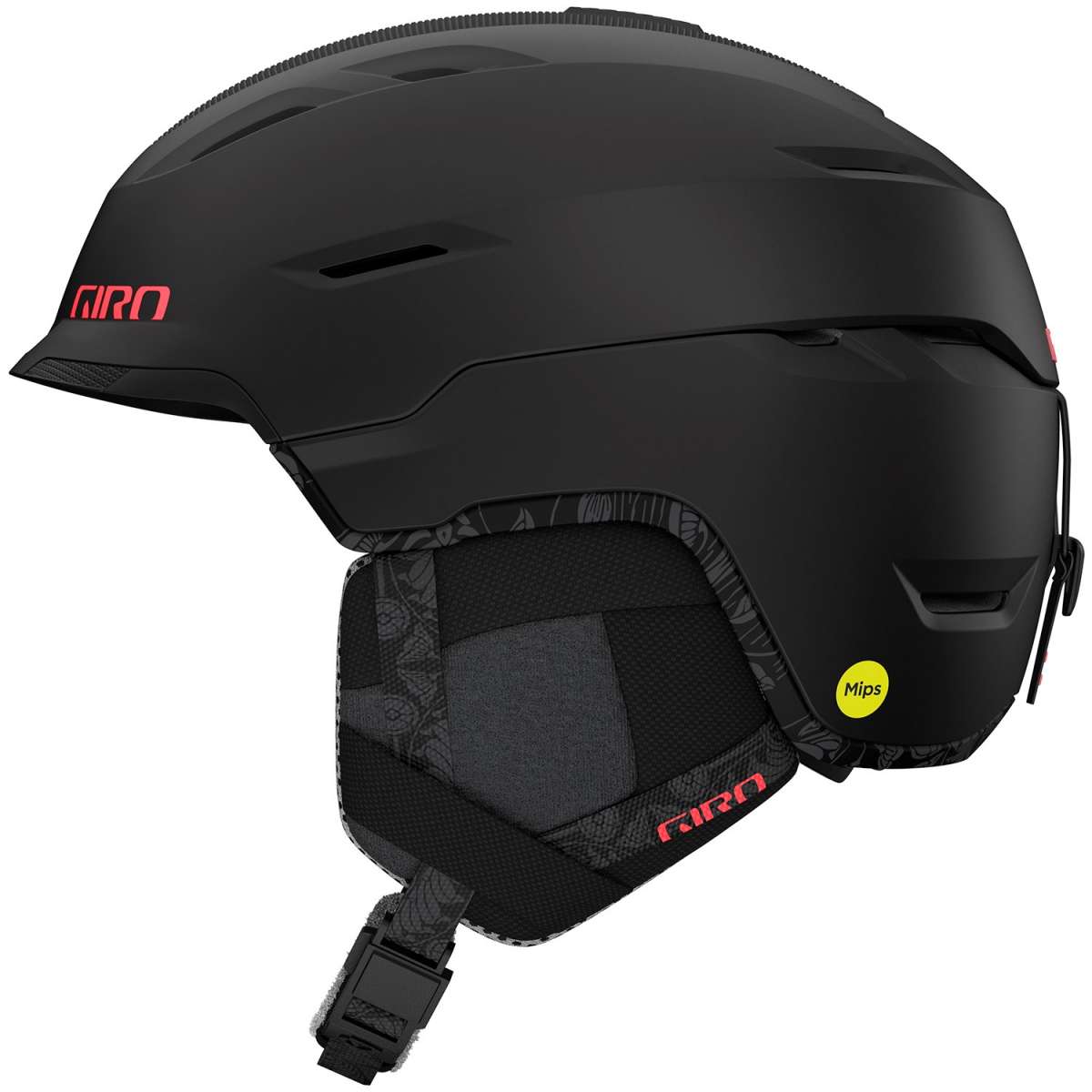 Giro Women's Tenaya Spherical Helmet 2023 - A matte black helmet with a subtle floral pattern on the interior and red accents around the vents.