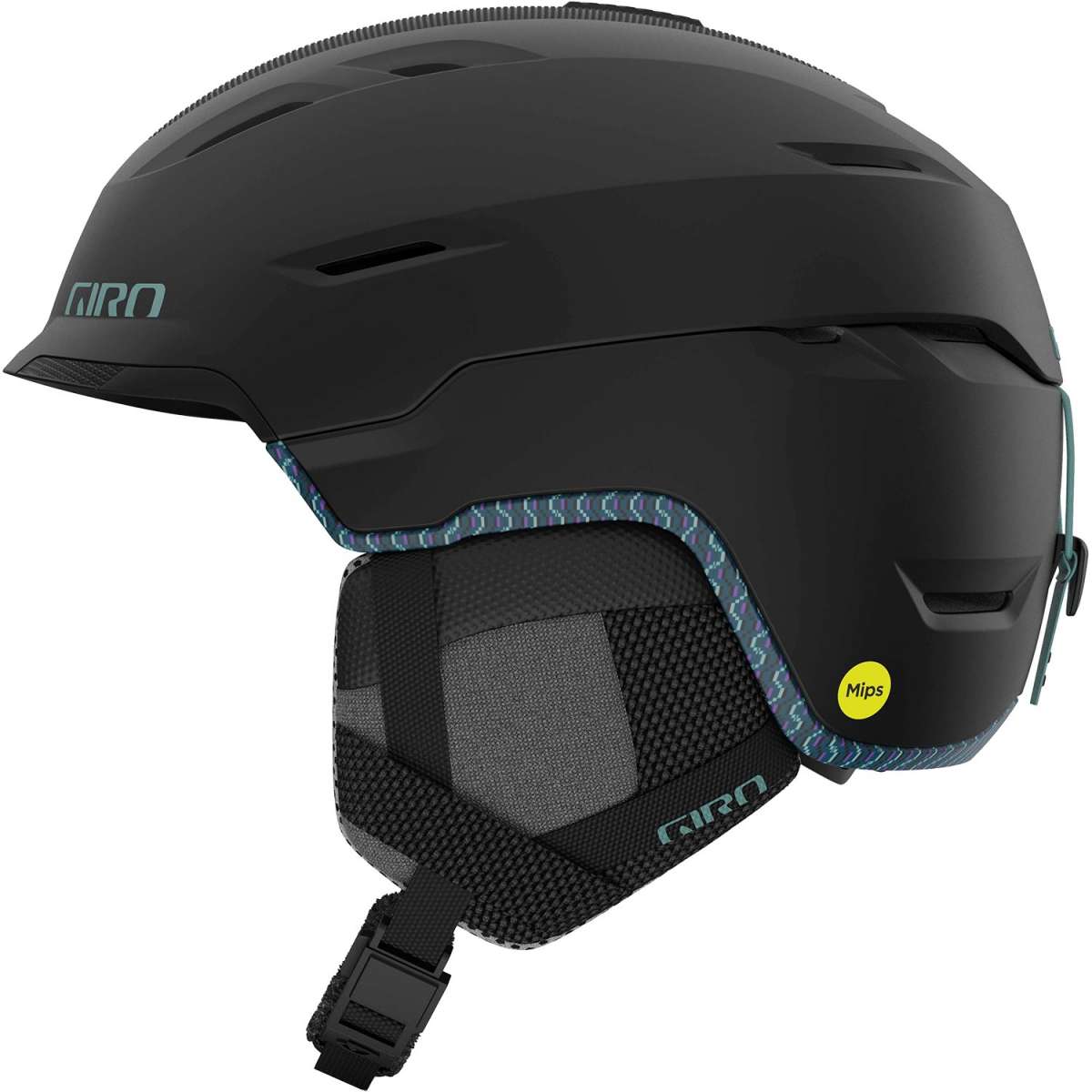 Giro Women's Tenaya Spherical Helmet 2024 - A matte black helmet with a subtle purple pattern on the interior rim and adjustable straps.