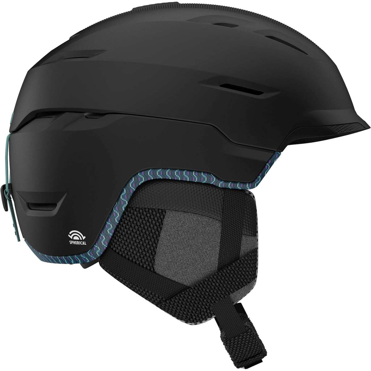 Giro Women's Tenaya Spherical Helmet 2024 - A matte black helmet with a subtle patterned trim around the edge of the brim and along the back strap.