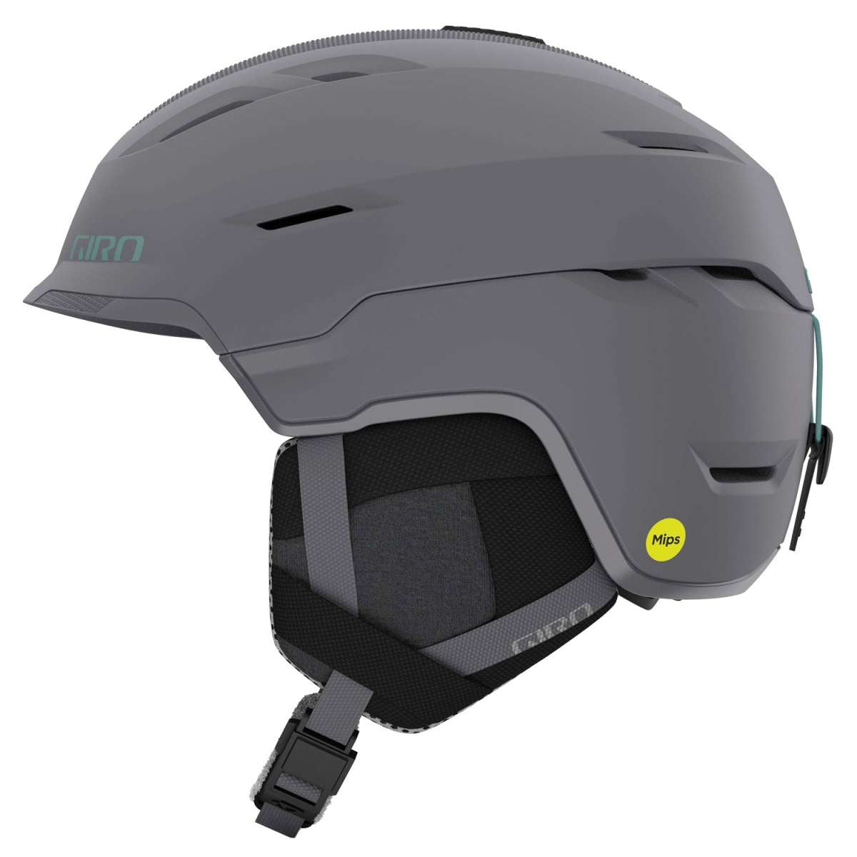 Giro Women's Tenaya Spherical Helmet 2024 - A gray helmet with a matte finish and a small, round yellow sticker on the back that says "Mips" in black letters.
