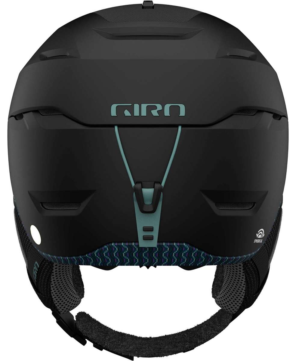 Giro Women's Tenaya Spherical Helmet 2024 - A matte black helmet with a subtle geometric pattern on the front and sides, featuring a sleek design and adjustable straps.