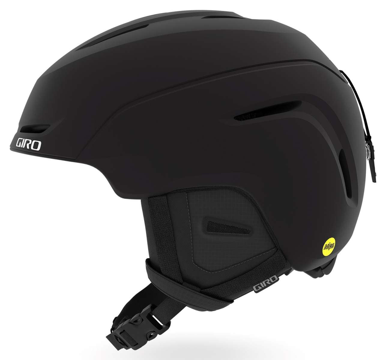 Giro Neo MIPS Helmet 2022-2023 - A matte black helmet with a white logo on the side and a chin strap.