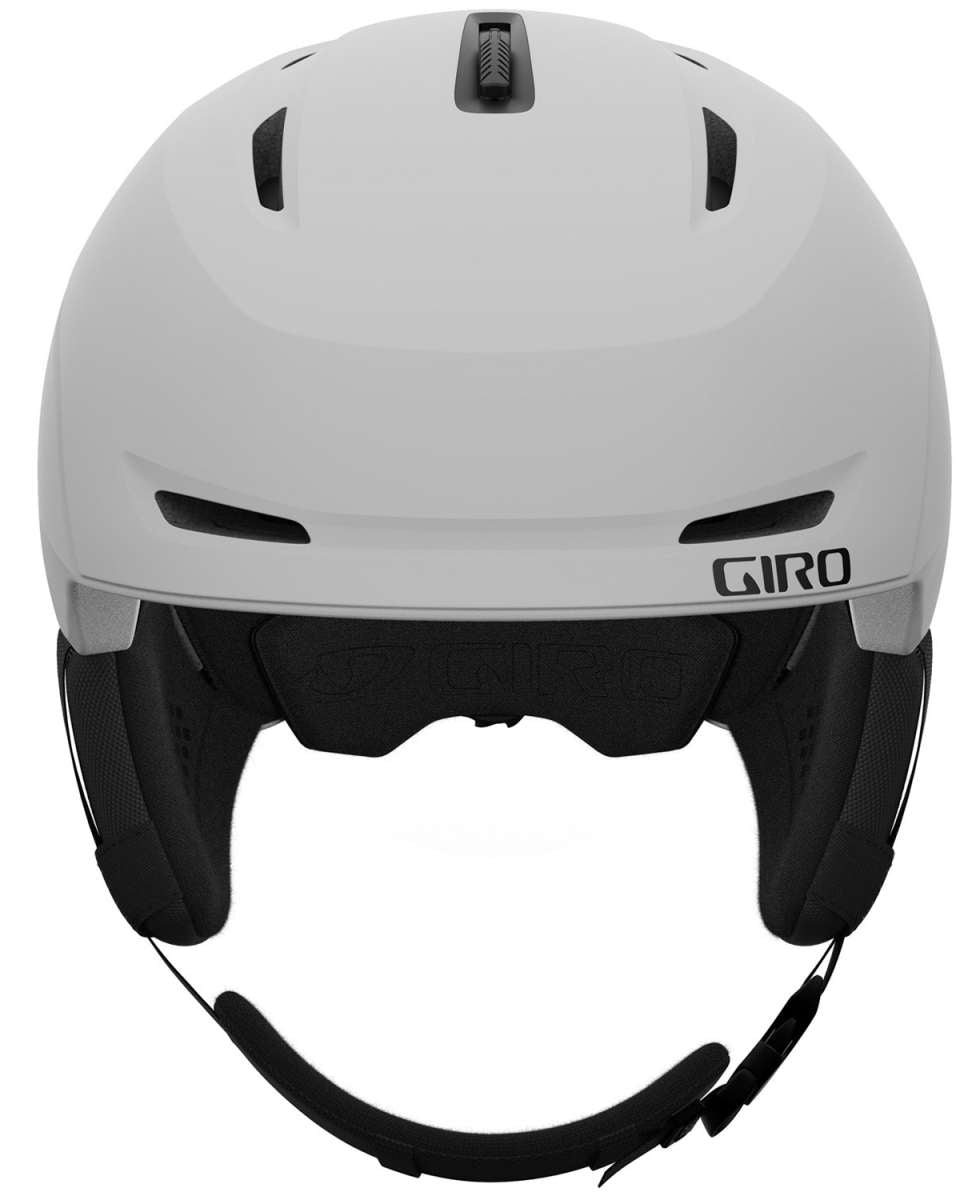 Giro Neo MIPS Helmet 2022-2023 - A white helmet with a black visor and chin strap, featuring a sleek design with ventilation holes on top.