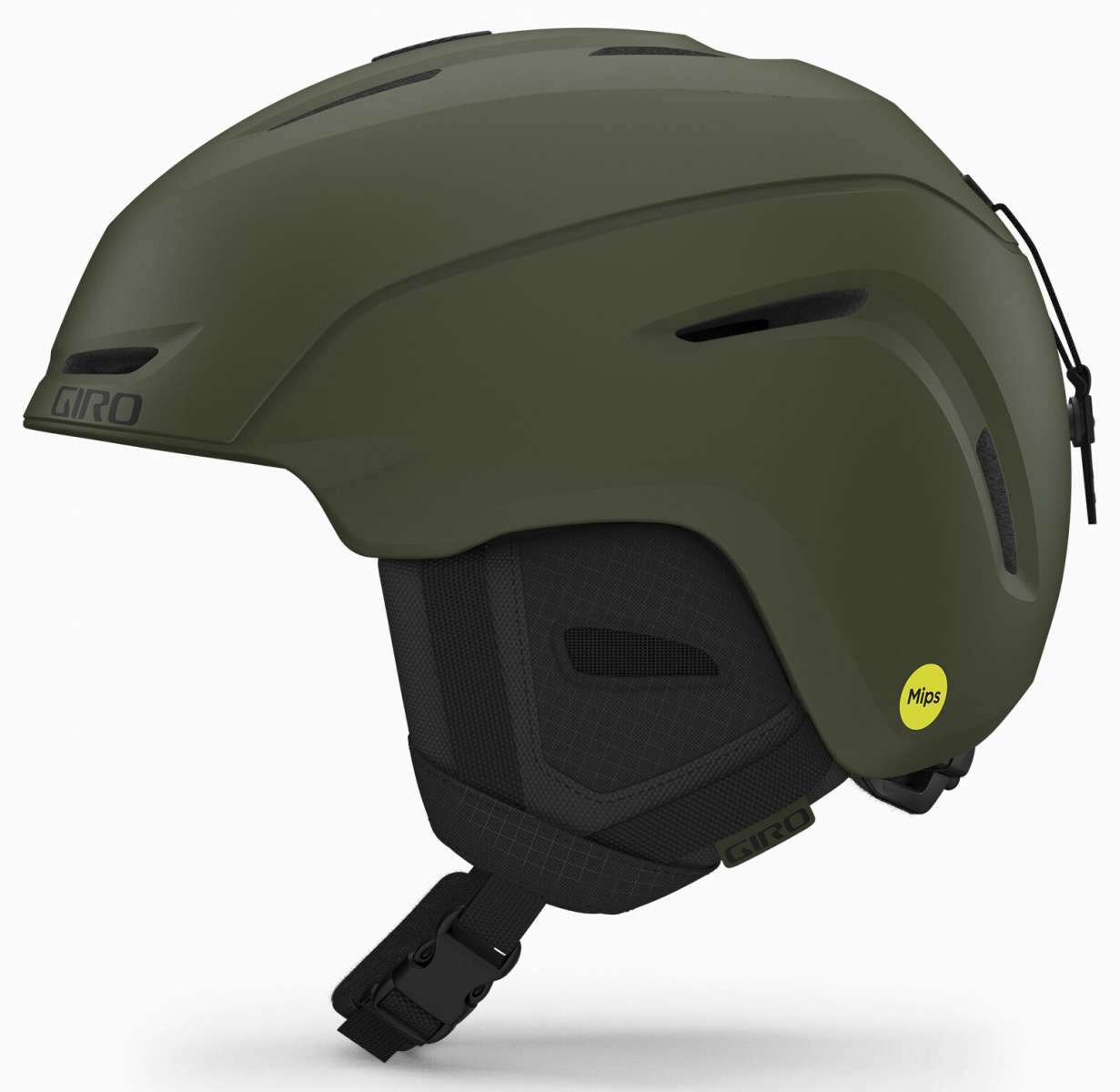 Giro Neo MIPS Helmet 2024 - A dark green helmet with a matte finish, featuring a prominent MIPS sticker on the side and ventilation holes along the top.
