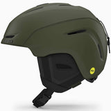 Giro Neo MIPS Helmet 2024 - A dark green helmet with a matte finish, featuring a prominent MIPS sticker on the side and ventilation holes along the top.