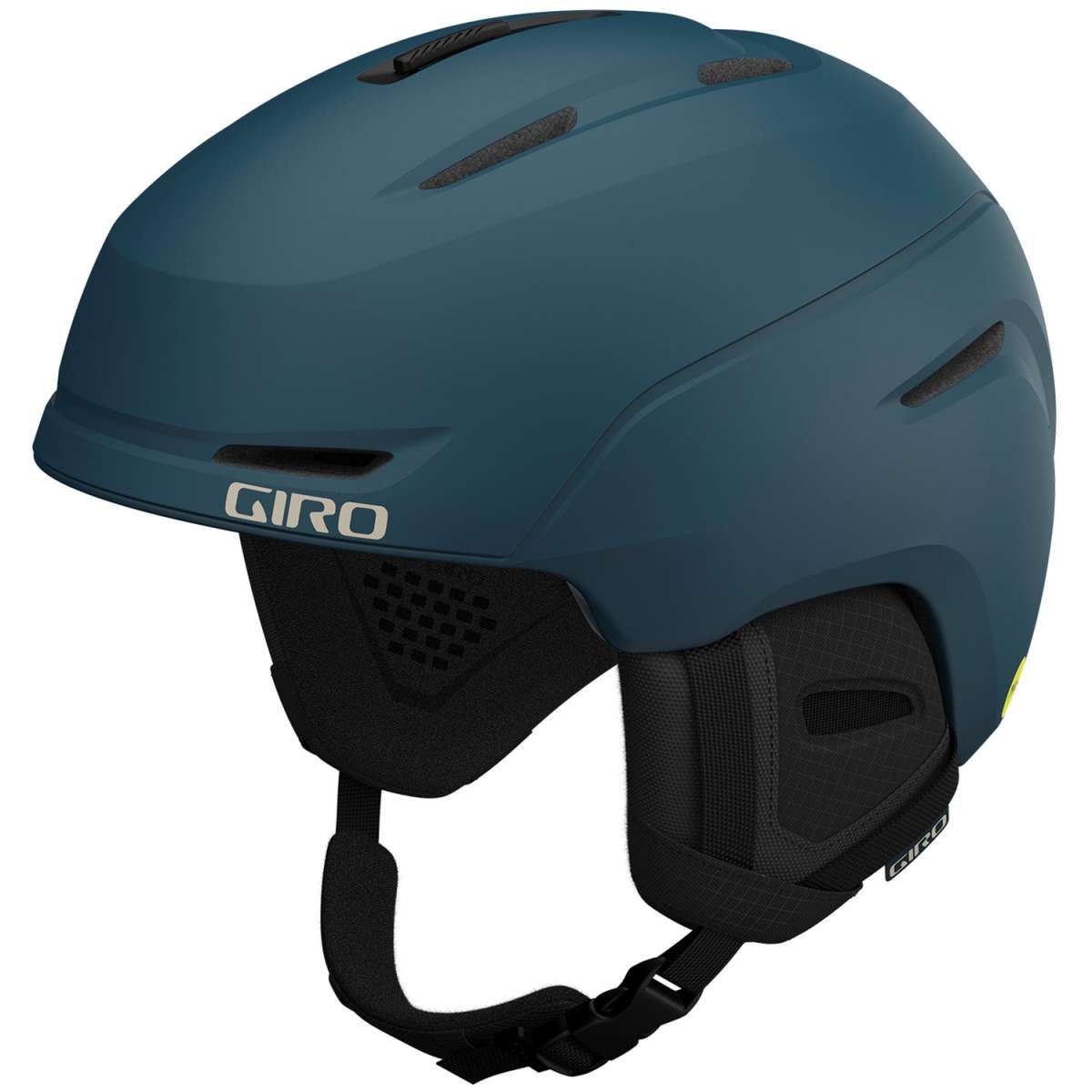 Giro Neo MIPS Helmet 2024 - A matte black helmet with a white logo on the front and a yellow sticker on the back.