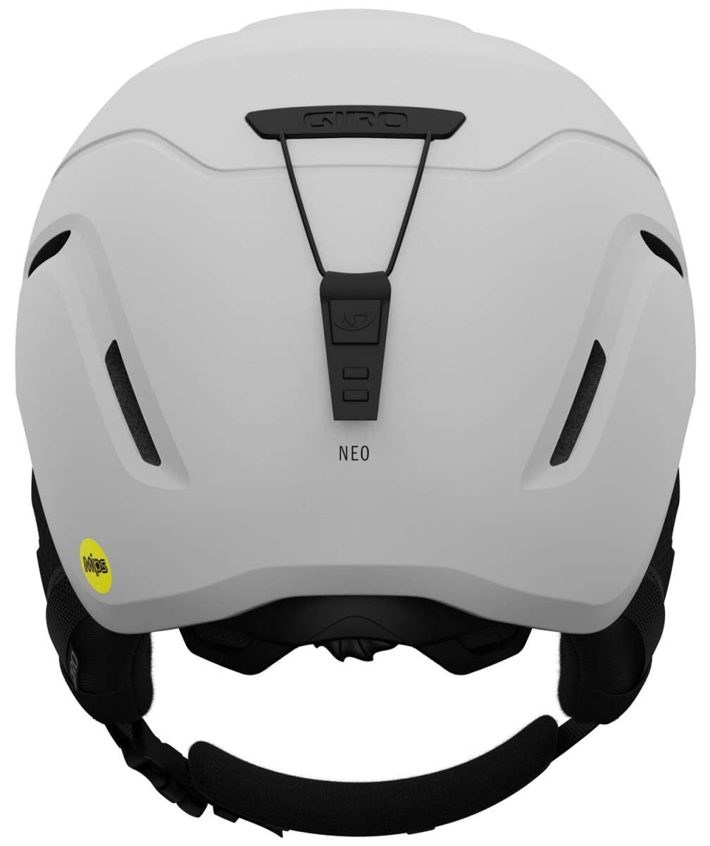 Giro Neo MIPS Helmet 2024 - A white helmet with a black strap at the back and a yellow sticker on the left side.