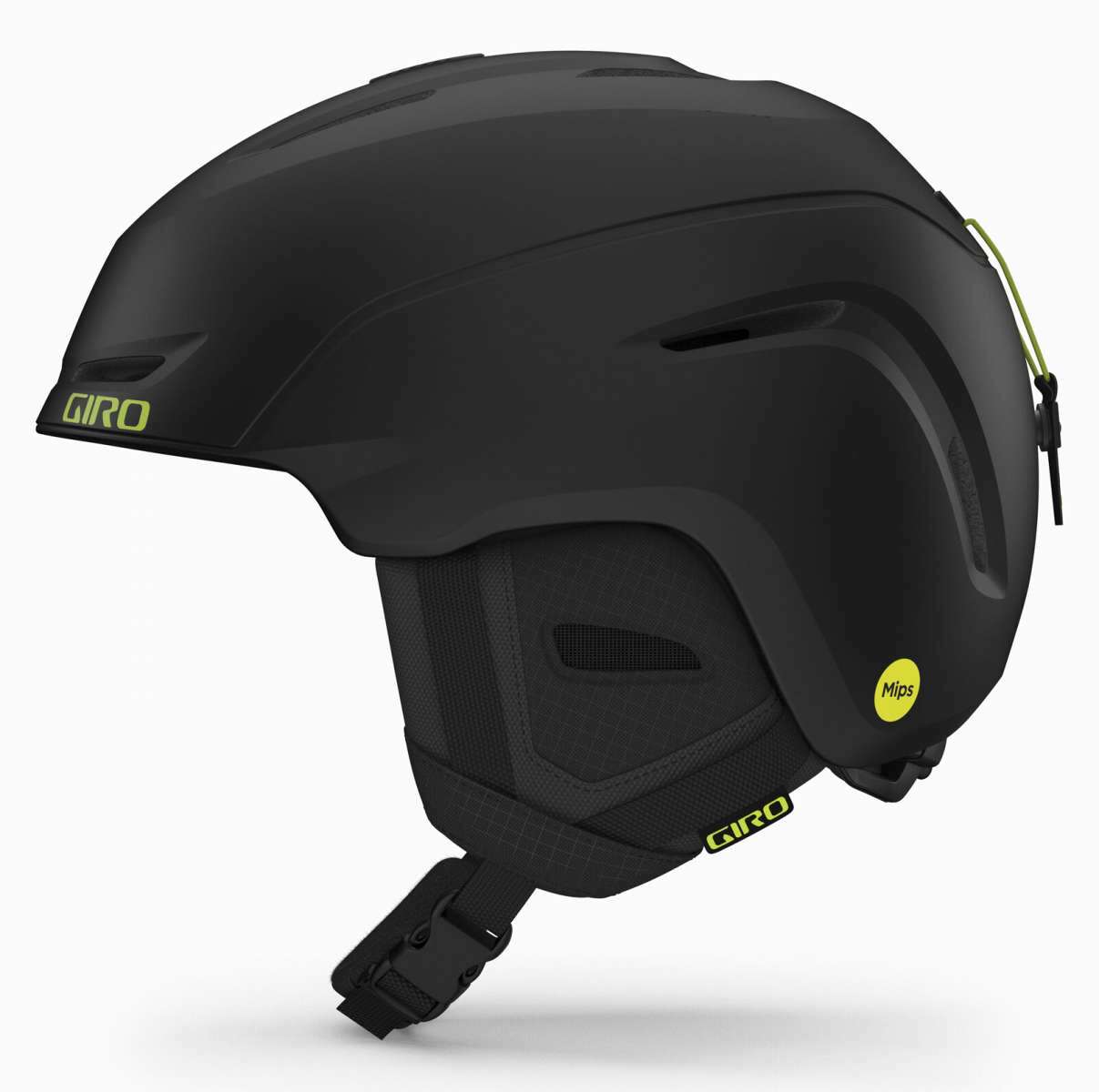 Giro Neo MIPS Helmet 2024 - A matte black helmet with a neon green logo on the side and a sleek, aerodynamic design.