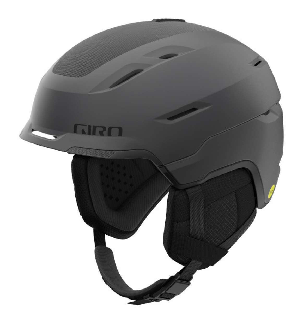 Giro Tor Spherical Helmet 2023 - A matte black helmet with a subtle yellow logo on the side, featuring a sleek spherical design and ventilation holes along the top.