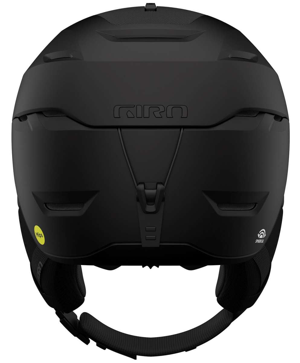 Giro Tor Spherical Helmet 2023 - A matte black helmet with a subtle white logo on the front and a small yellow sticker on the back.