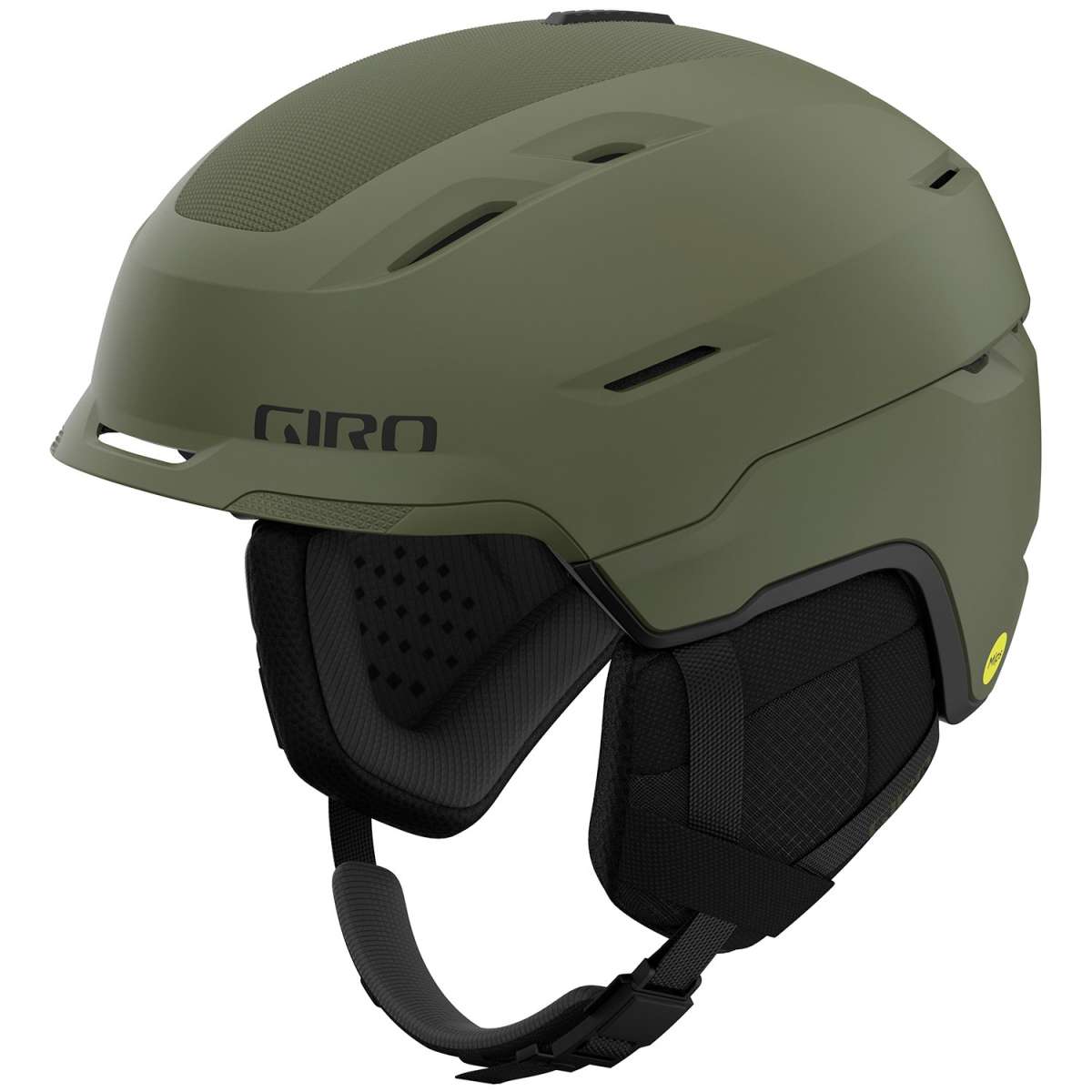 Giro Tor Spherical Helmet 2024 - A matte green helmet with a black chin strap and ventilation holes on top.