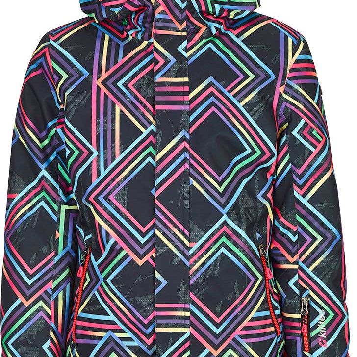 Killtec Junior Girl's Gizela Print Allover Insulated Jacket 2019-2020 - A black jacket with a colorful geometric pattern of lines and shapes in pink, purple, blue, green, yellow, and orange.